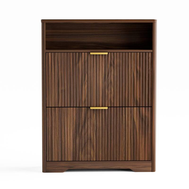 Shoe Cabinet with 2 Flip Drawers, Hidden Shoe Storage Cabinet with Wave-Patterned Panel, Free Standing Entryway Shoe Organizer