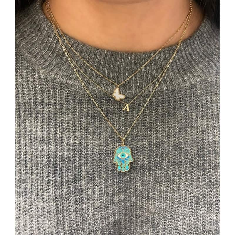 Curata 14k Yellow Gold 18" Italian Blue Green Enamel Evil Eye Hamsa Necklace - 18mm