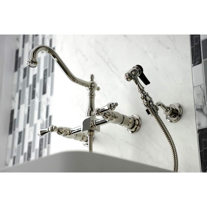 Heritage Two-Handle Wall Mount Bridge Kitchen Faucet with Brass Sprayer