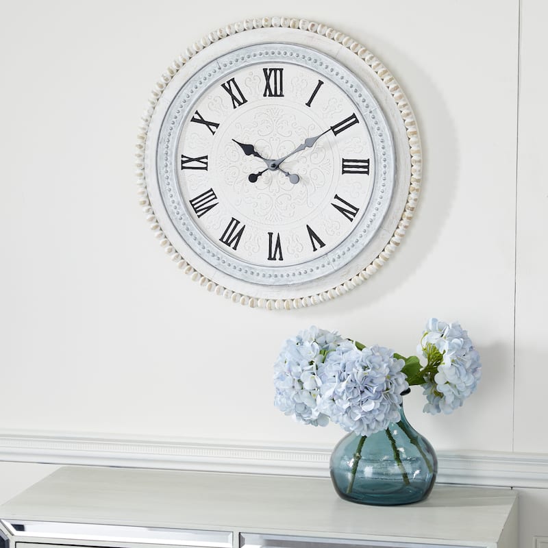 Wood Carved Beading Wall Clock - White - Roche River Decor - 1"Wx22"Lx22"H
