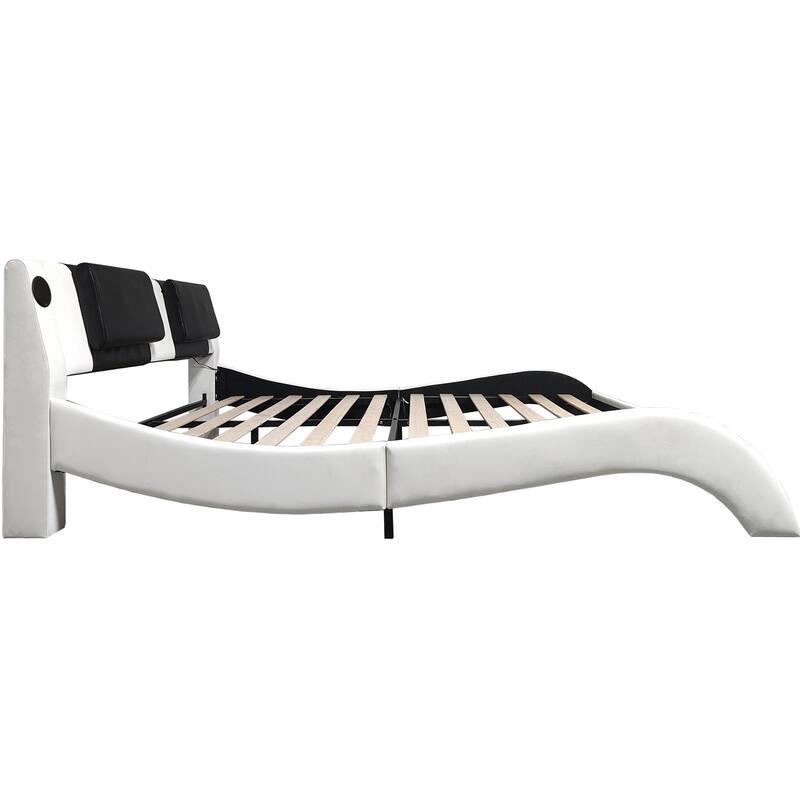 King Size Faux Leather Upholstered Platform Bed Frame with LED lighting, Bluetooth connection to play music control