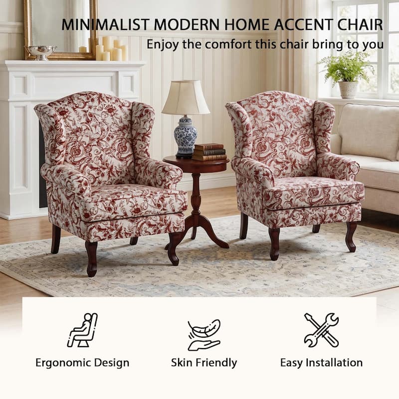 2 Set Traditional Rolled Arm Wing Back Accent Chair