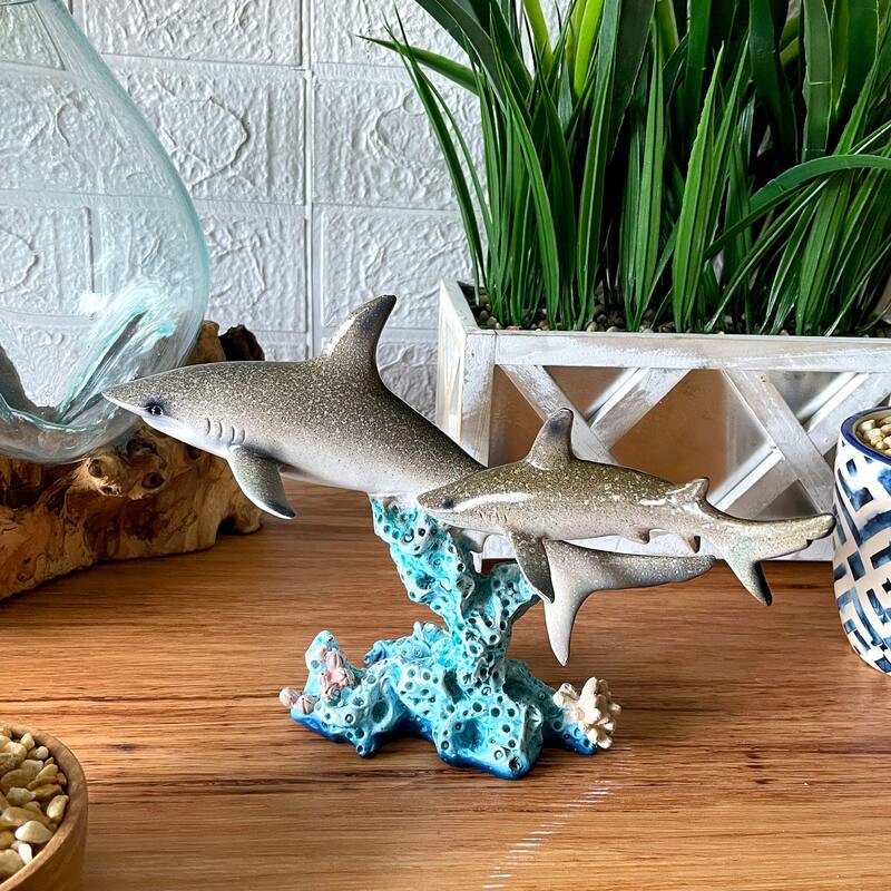 Double Sharks On Coral Statue 10" Hand-Painted Ocean Marine Decor - 6.5 X 10 X 4 inches