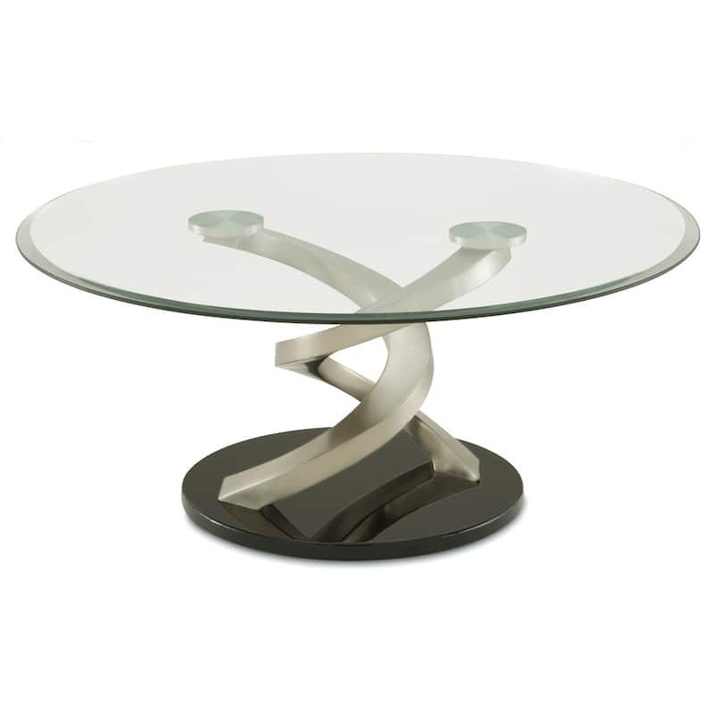 Coffee Table with Twisted Metal Base and Round Glass Top, Silver and Black