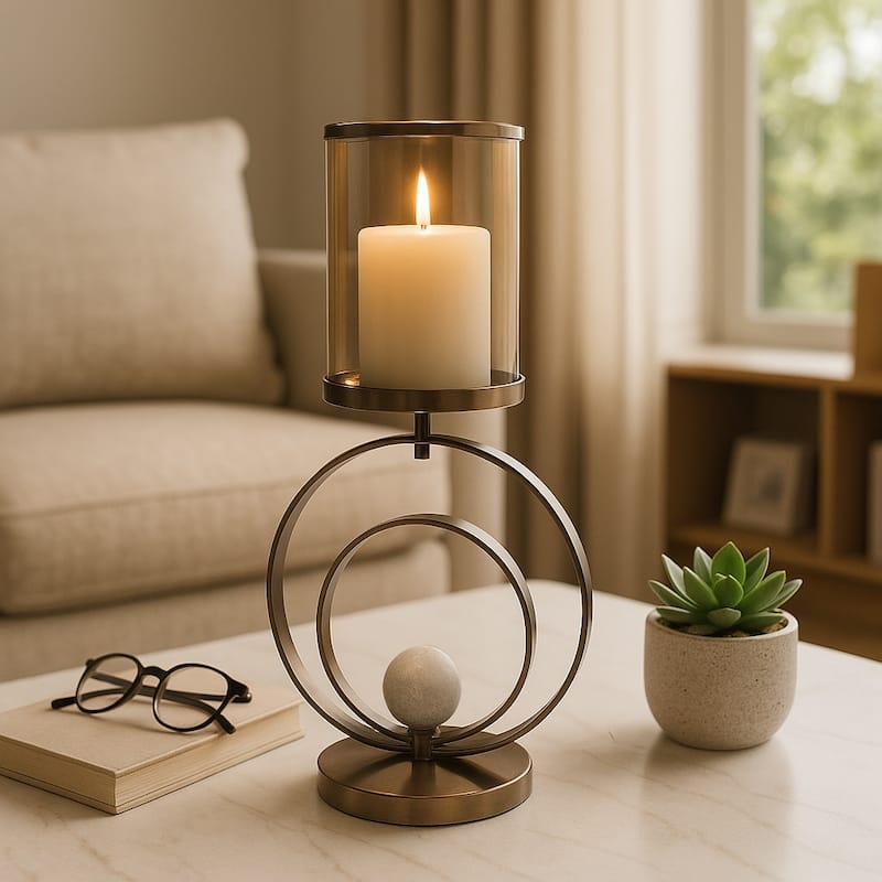 Metal Candle Hurricane Holder Modern Small Sphere Double Ring Base - 11.5" x 7" x 22"