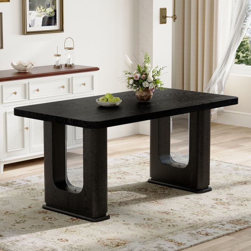 64.5 x 35.4 Inch Modern Dining Table with Wood Texture & Glass Accent