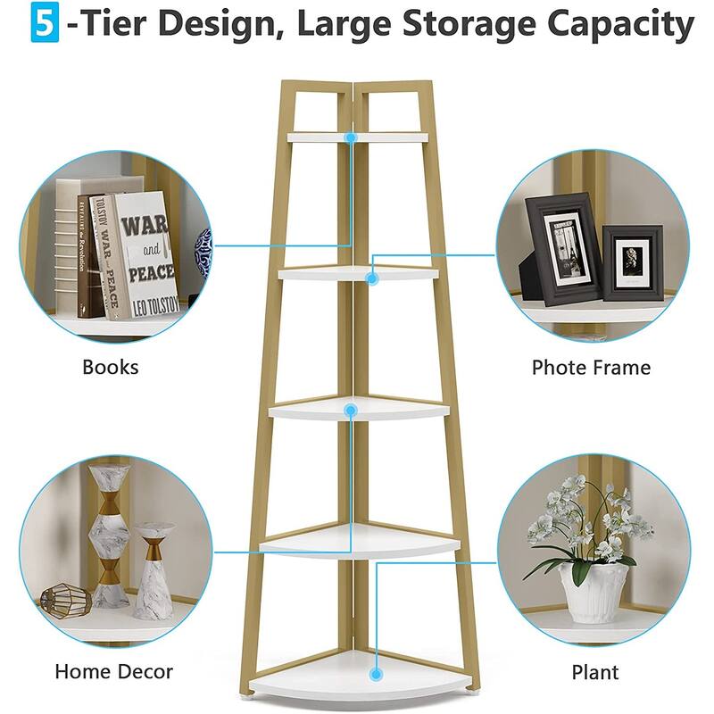 5 Tier Corner Ladder Shelf, Display Bookcase Storage Shelves for Living Room
