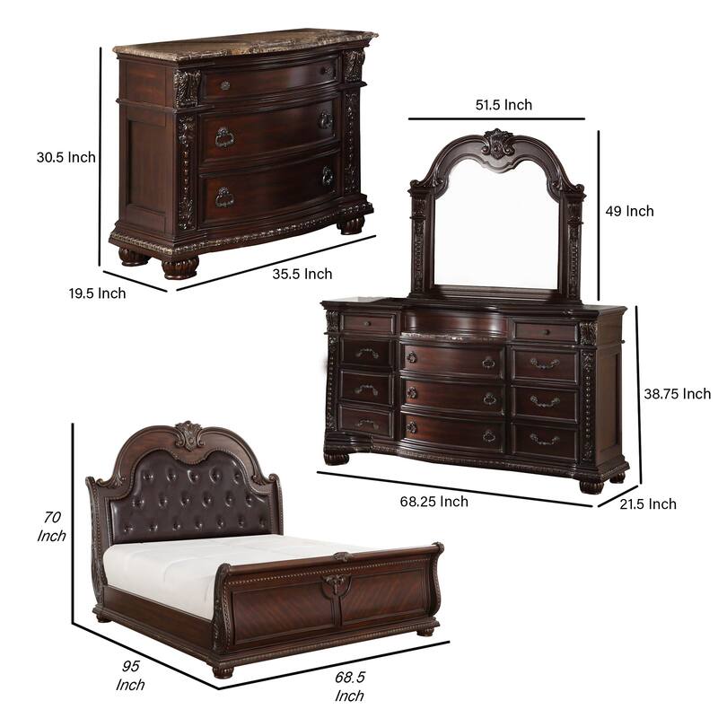 Caitlin Four Pc Queen Bedroom Set, Tufted Faux Leather Headboard, Marble Tops, Brown