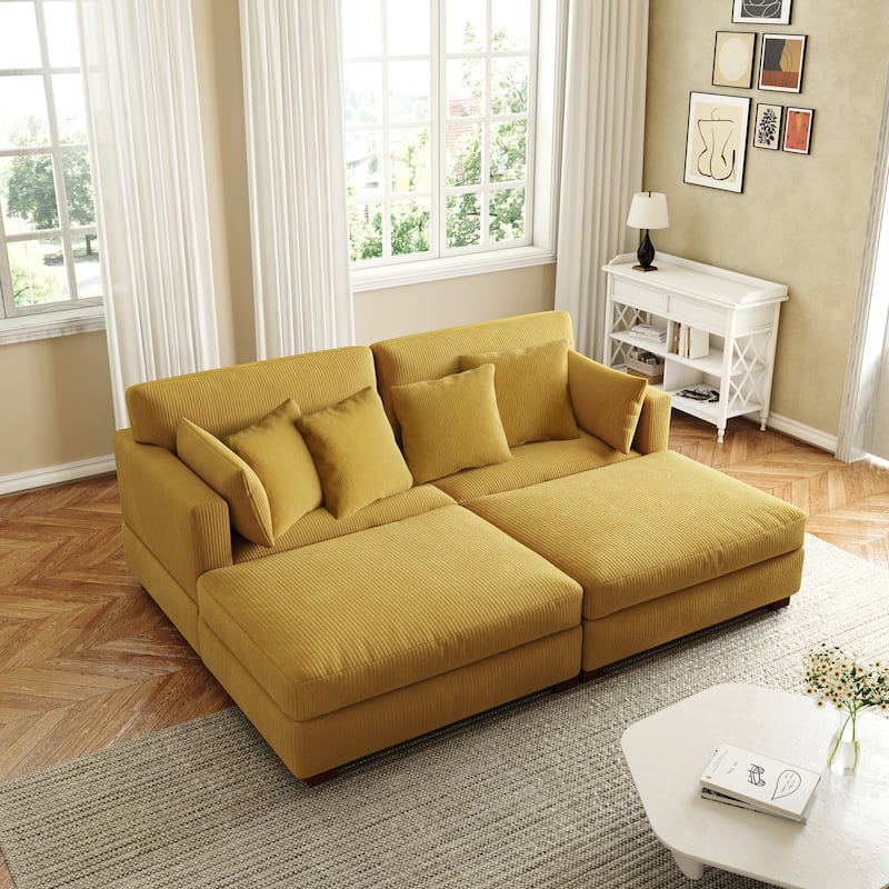 Corduroy Modular Sectional Sofa Deep Seat Corner Sofas & Ottomans - Orange-4Pillows