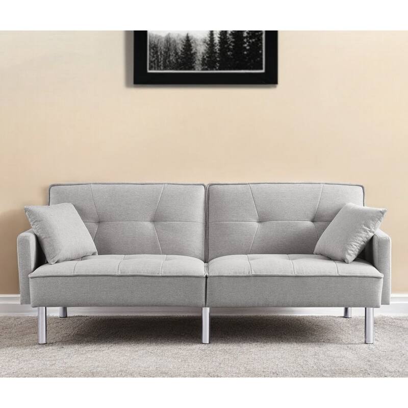 HomeRoots 85" Light Gray Polyester Blend Convertible Futon Sleeper Sofa And Toss Pillows With Silver Legs - 85