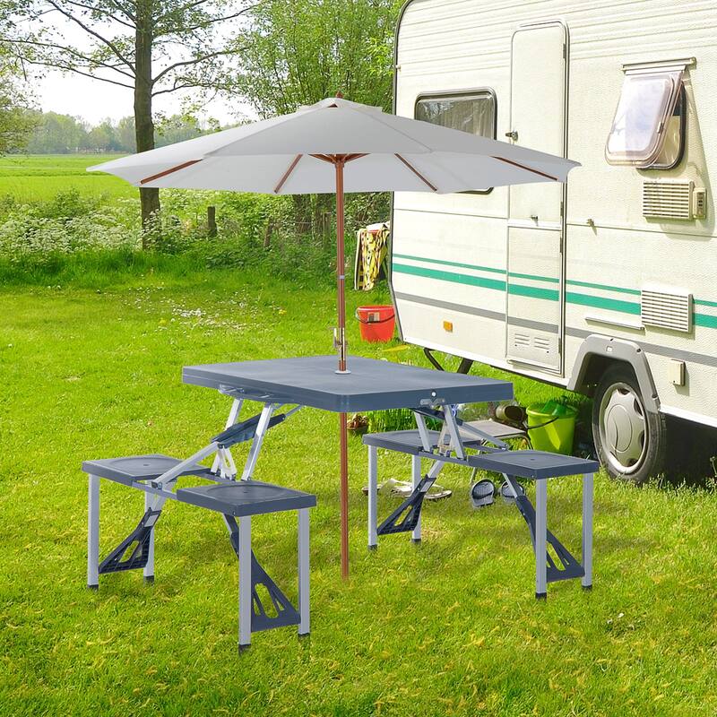 Portable Folding Picnic Table with Seats and Umbrella Hole, Multipurpose Table with Camping Chairs Set, 4-Seat, Aluminum Frame