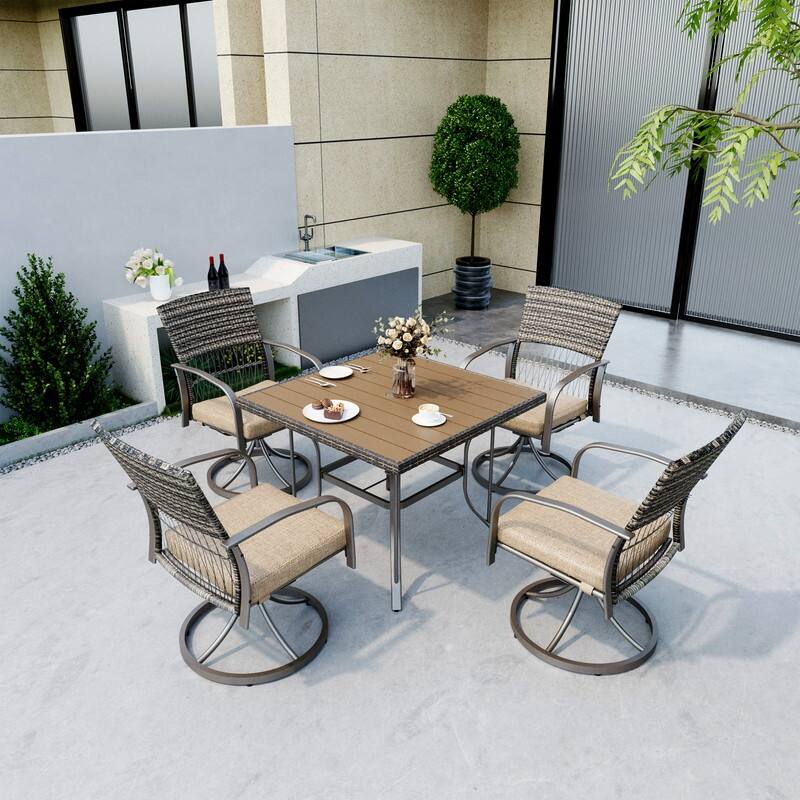 5-Piece Metal Patio Outdoor Dining Set with Square Table and Rattan Swivel Chairs with Cushion
