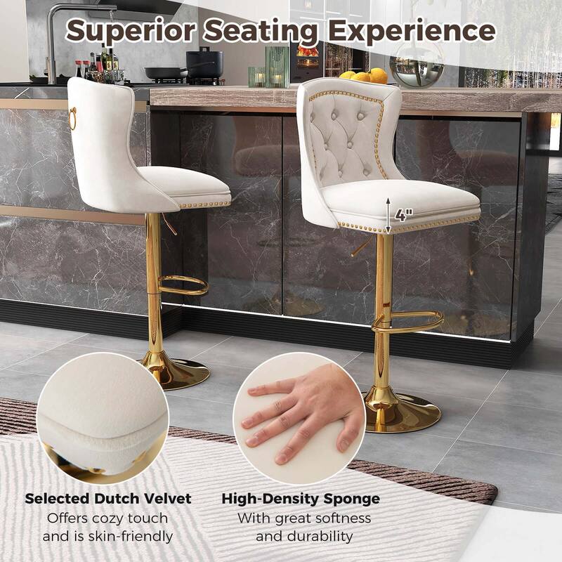 Costway Set of 2 Bar Chairs Dutch Velvet Bar Stool with Footrest Metal - See Details