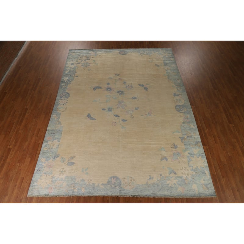 Hand Knotted Oriental 100% Wool Carpet Traditional Floral Beige & Ivories Art Deco Area Rug - 13' 5'' X 9' 8''