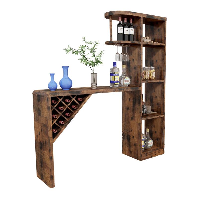 Bar Height Table, Glass Racks w Bottle Holders, 73 Inch Classic Brown