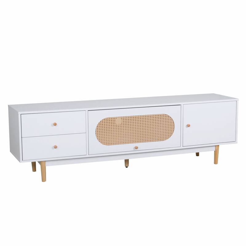 Modern Minimalist TV Stand, for TVs up to 80 Inches with 2 Drawers and Rattan Panel, for Living Rooms and Bedrooms