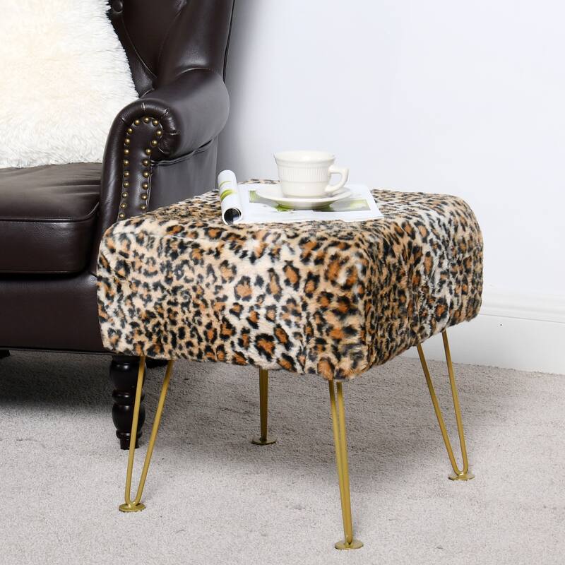 Home Soft Things Leopard Fauxfur Ottoman with Gold Metal Legs - 17"x17"x17"