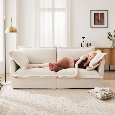 Modern Slipcovered 2-Seat Chenille Deep Seat Sofa Couches