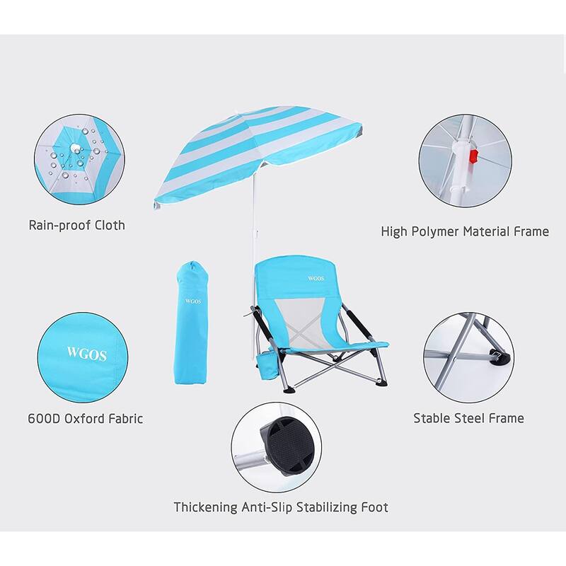 Low Beach Folding Camping Chair with Detachable SPF 50 Umbrella, Armrests with Cup Holder, Portable Lightweight Outdoor