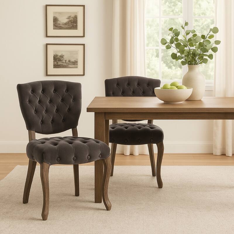 Jette Dining Chair Set of 2, Charcoal Gray Tufted Velvet, Brown Wood