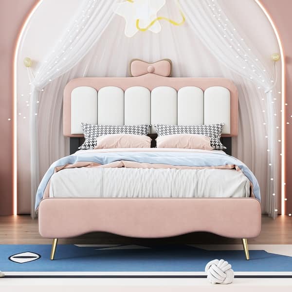 slide 2 of 16, Cute Princess Bed Upholstered Platform Bed with Headboard, Unique Princess Design Bed Frame with Bow-Knot & Metal Leg Pink - Twin