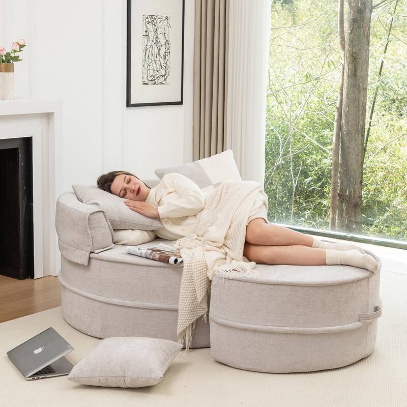 47.63" Round Lazy Fully Compression Sofa, Chenille, with Ottoman