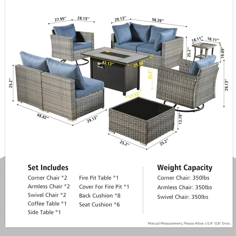 HOOOWOOO 9-piece Grey Rattan Outdoor Furniture Fire Pit Set with Swivel Chairs