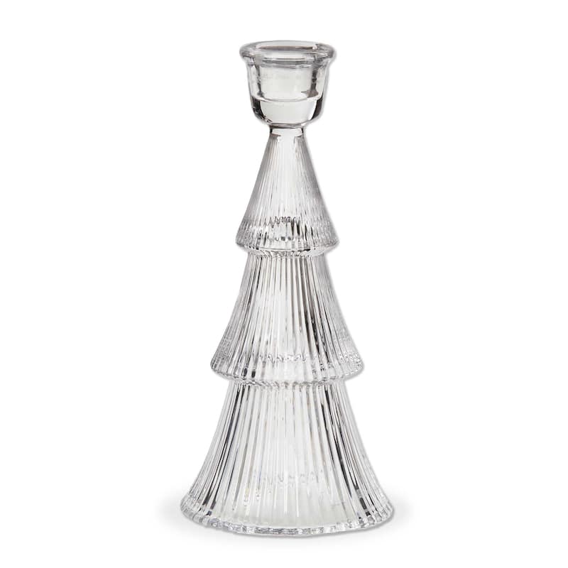 Large Clear Glass Ribbed Taper Candle Holder - Elegant Christmas Decor, 3.5" x 3.5" x 7.5" - Wipe Clean