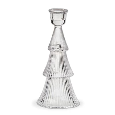 Large Clear Glass Ribbed Taper Candle Holder - Elegant Christmas Decor, 3.5" x 3.5" x 7.5" - Wipe Clean