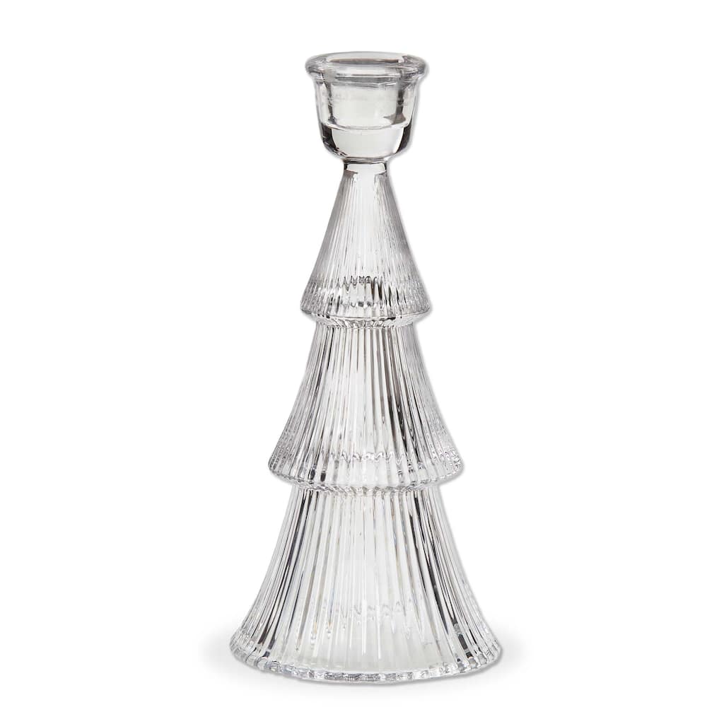 Large Clear Glass Ribbed Taper Candle Holder - Elegant Christmas Decor, 3.5" x 3.5" x 7.5" - Wipe Clean