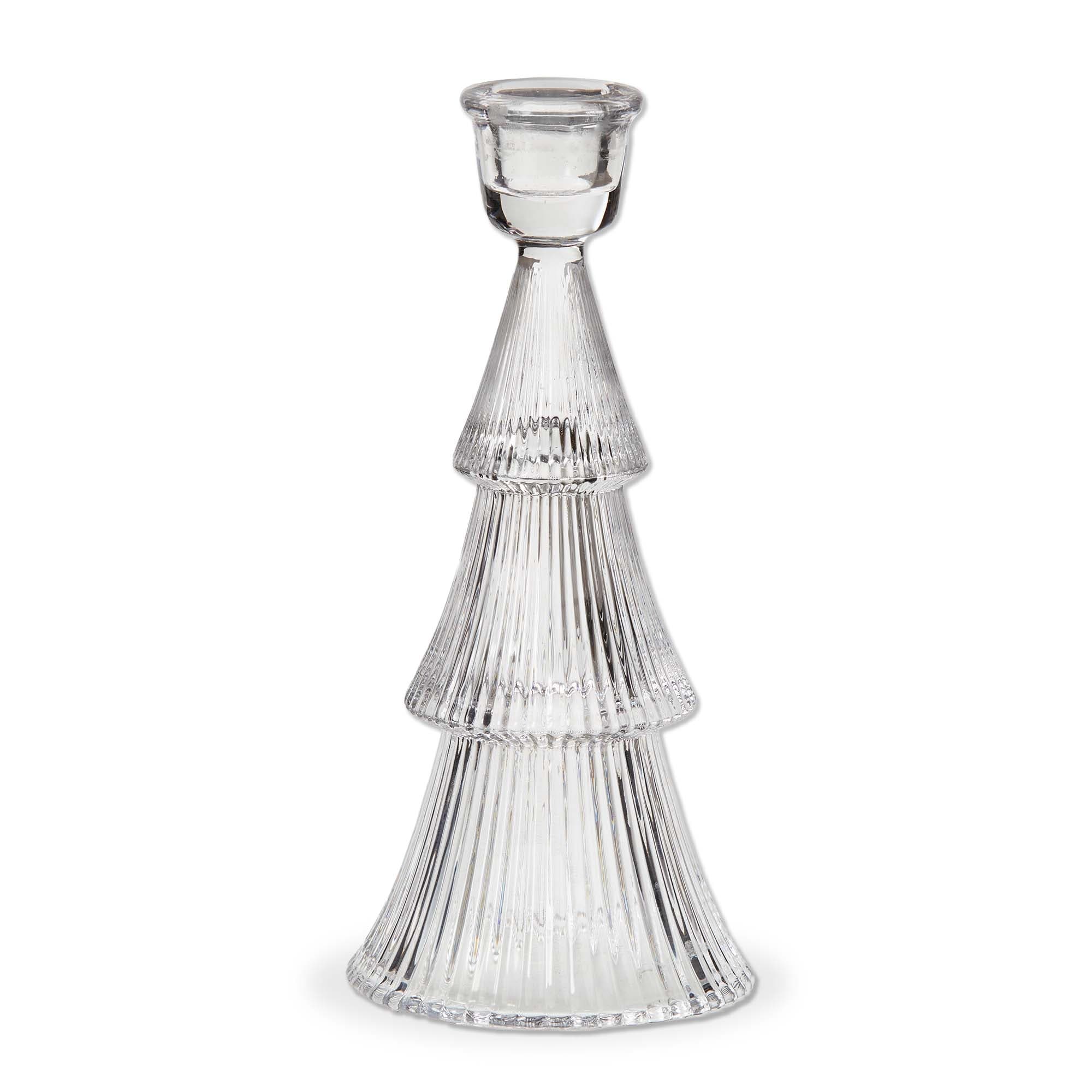 Large Clear Glass Ribbed Taper Candle Holder - Elegant Christmas Decor, 3.5" x 3.5" x 7.5" - Wipe Clean