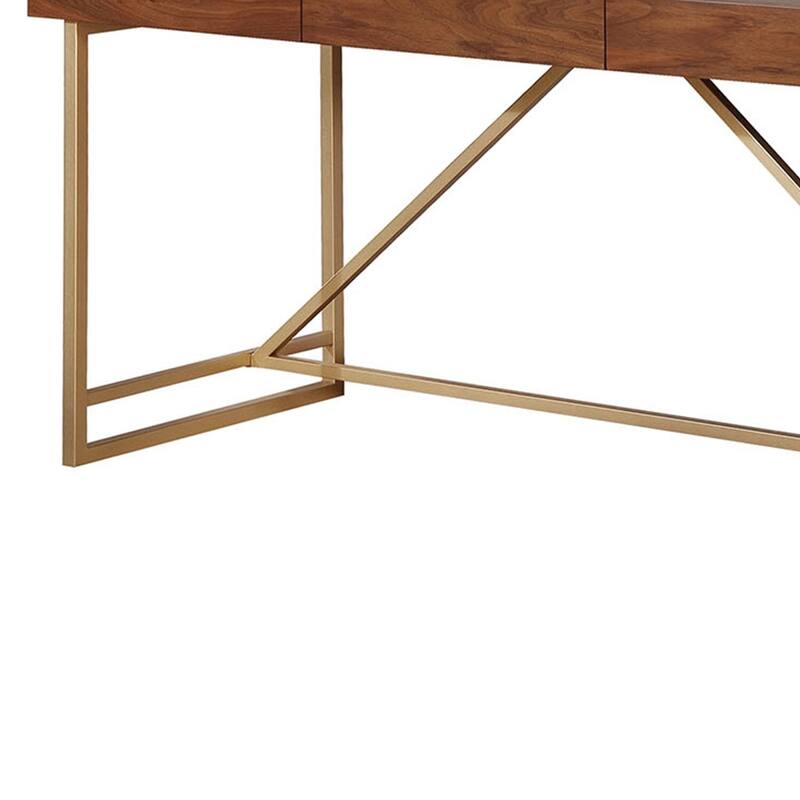 Modern Writing Desk with Drawers - Rustic Wooden Desk, Stylish Home Office Furniture, Walnut Brown & Gold Finish