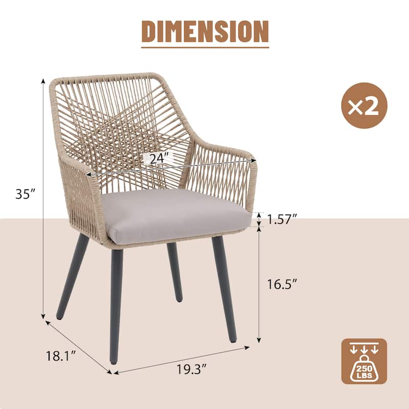 Outdoor Patio Woven Rope Dining Chairs With Armrest and Seat Cushions