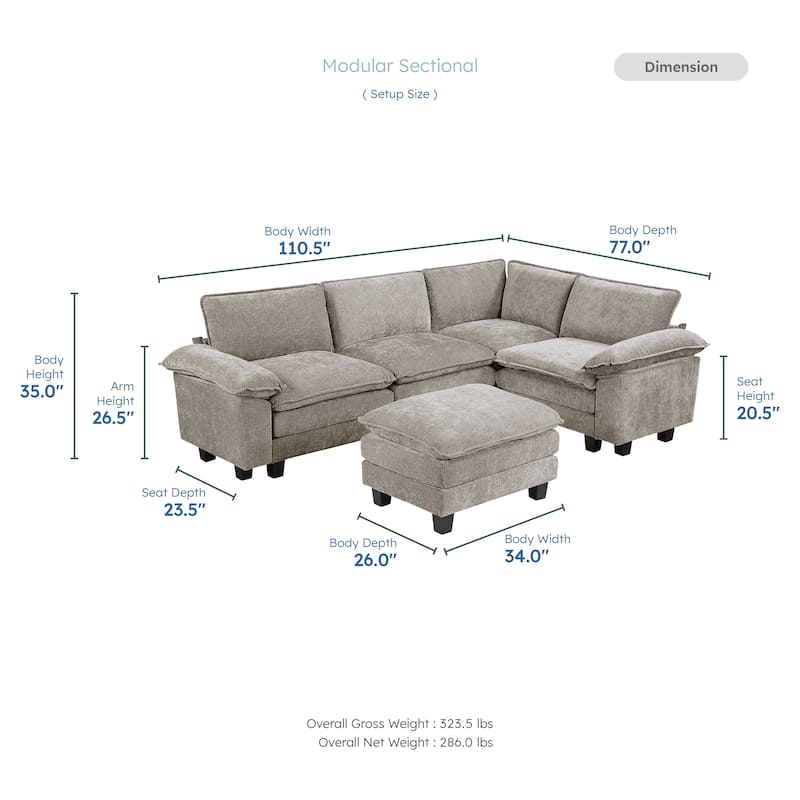 Fremont & Park Terra Chenille 5-Piece Modular Sectional Sofa - Ottoman