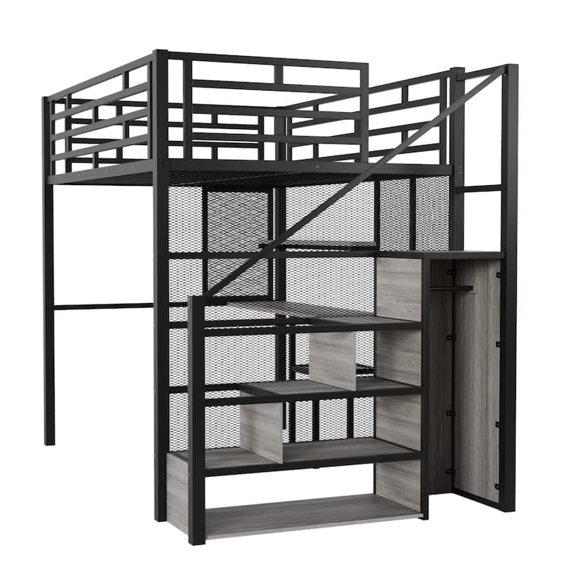 Full Size Metal Loft Bed with Wardrobe, Desk, and Storage Shelves
