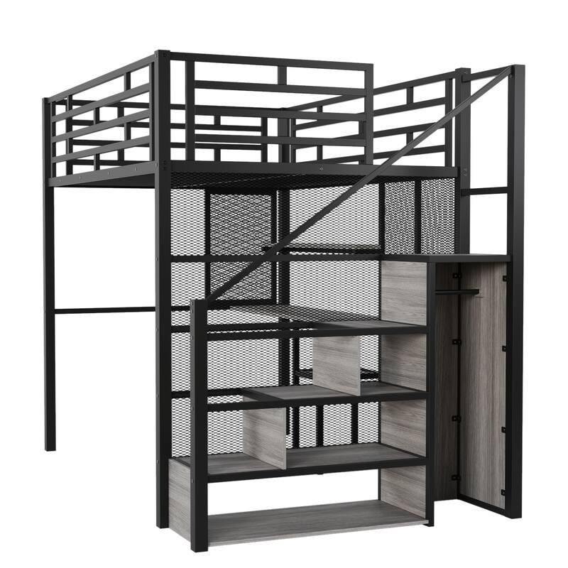 Versatile Full Loft Bed with Desk and Wardrobe, Ideal for Small Rooms and Study Areas