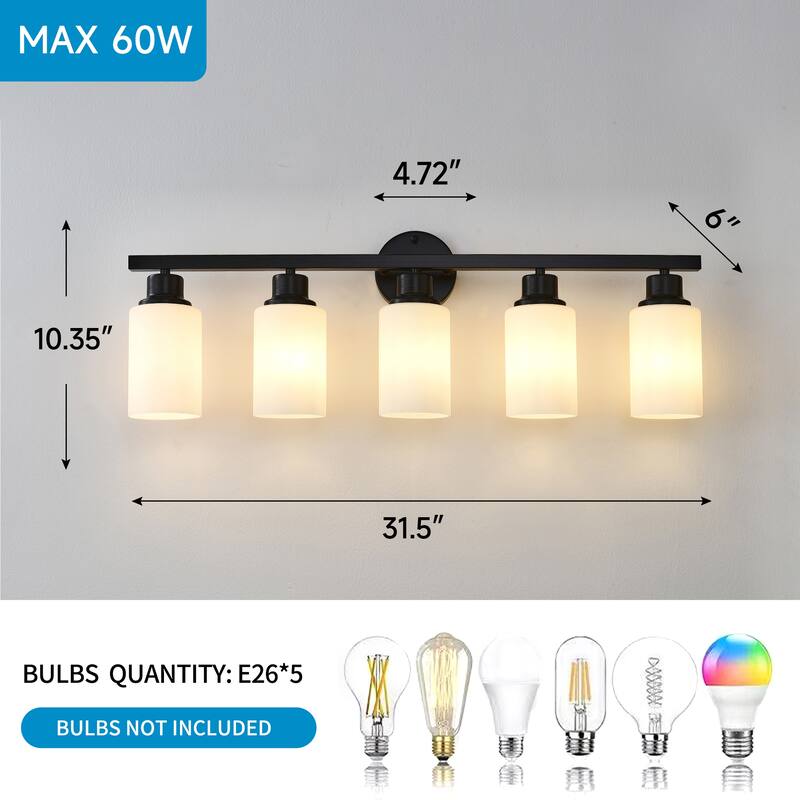 5-Light Matte Black Wall Lamps with White Glass Shades (No Bulbs) Sconce Lighting for Bedroom Living Room