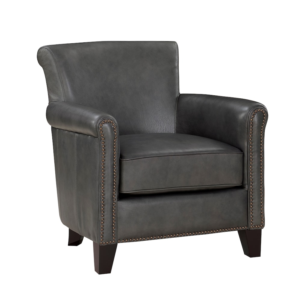 Tria 35 Inch Accent Chair, Gray Top Grain and Split Leather, Brown Wood