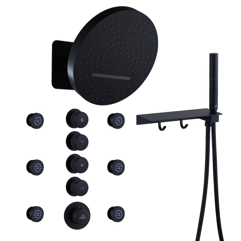 CASAINC Thermostatic 4 Functions 12 inch Rainfall Showerhead with Handheld Spray & 6 Body Jets Set Rain Shower System - Matte Black