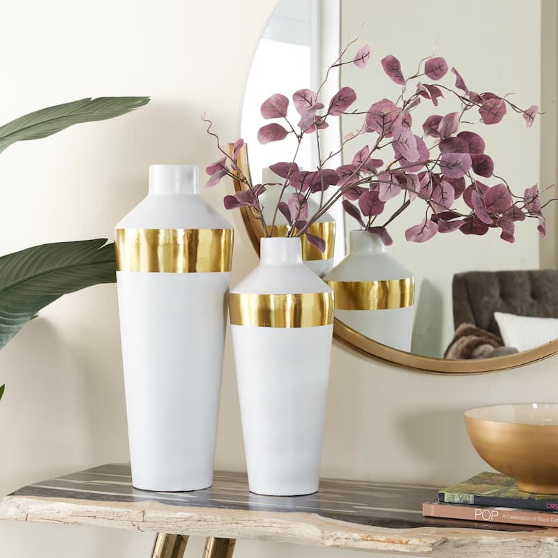 Metal Decorative Vase with Gold Band - Set of 2 Black or White - Roche River Decor