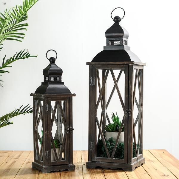 Glitzhome Farmhouse Wooden Metal Lantern Set Of Two Overstock 26265372