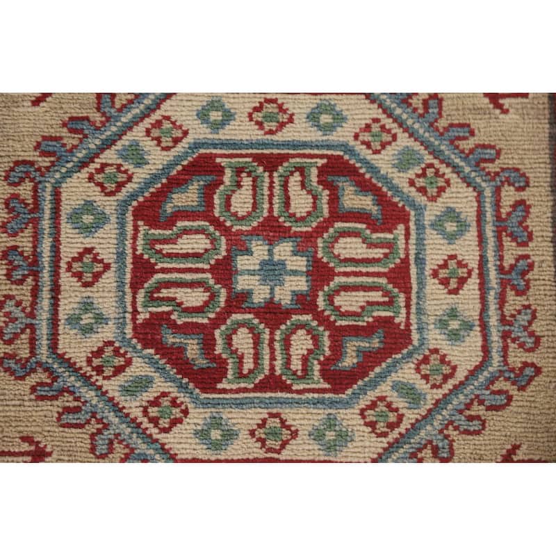 Hand Knotted Oriental 100% Wool Carpet Traditional Geometric Beige & Ivories Kazak Runner Rug - 12' 9'' X 2' 9''