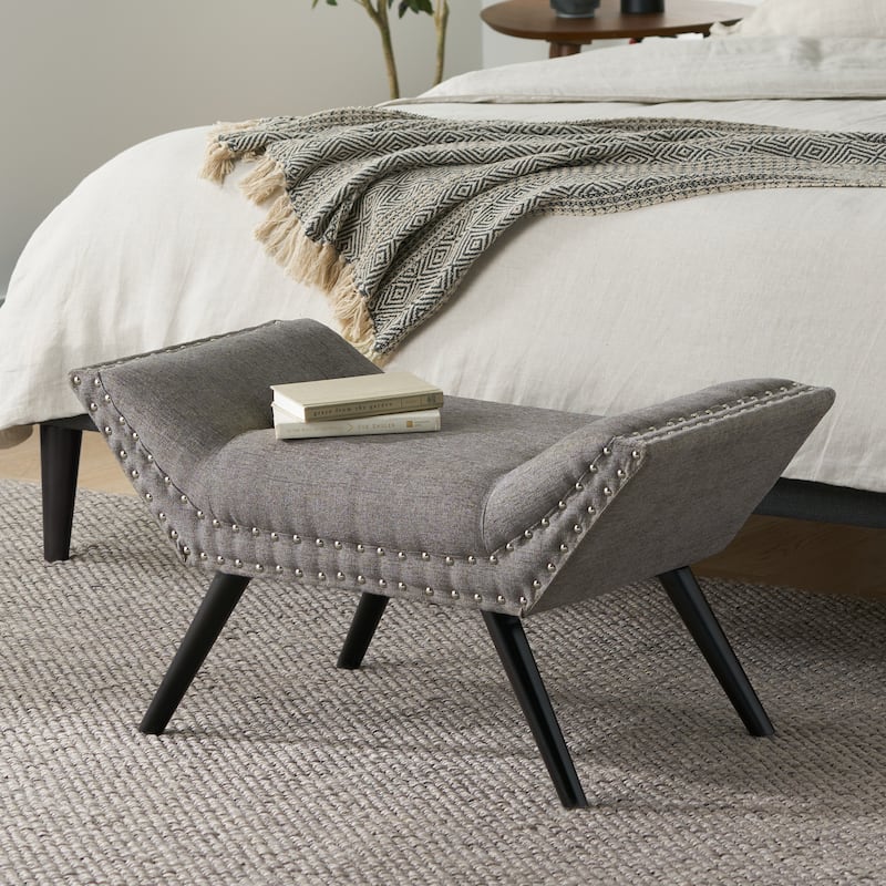 Modern Fabric Upholstered Ottoman Bench with Nailhead Trim, End of Bed Accent Bench for Bedroom or Living Room