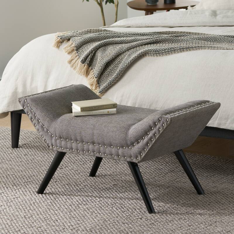 Roomfitters Modern Upholstered Accent Bench with Flared Arms and Nailhead Trim, Bedroom or Entryway Seating