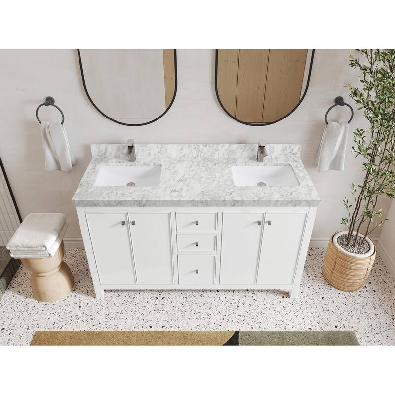 Willow Collections 60 in. W x 22 in. D Chicago Double Sink Bathroom Vanity with Countertop - 2” Carrara Marble - White