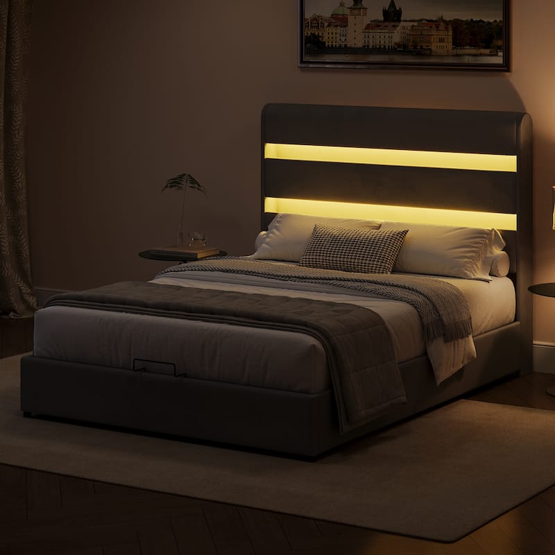 LED Storage Bed with Velvet Upholstery Headboard & Footboard, Grey Full