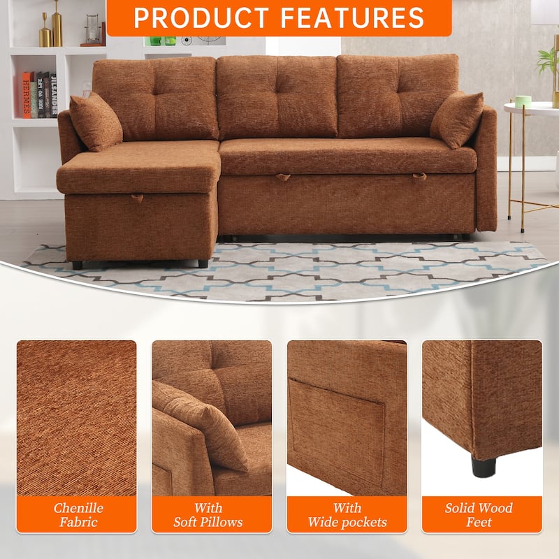 Corduroy/Chenille Upholstered L-Shaped Storage Reversible Chaise Sectional Sofa with Side Pocket