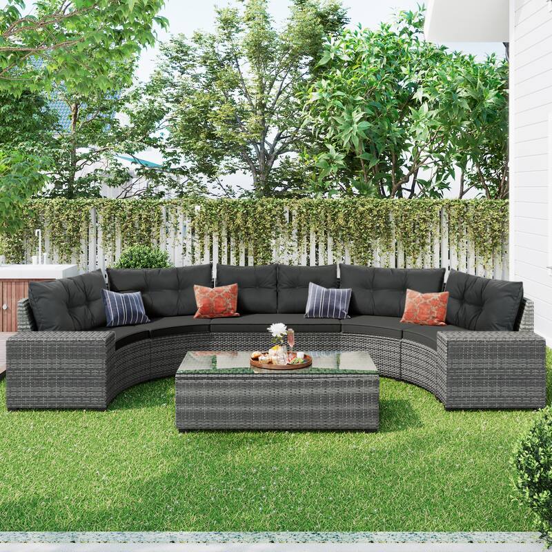 8-Piece Half-Moon Sectional Sofa Set with Rectangular Table