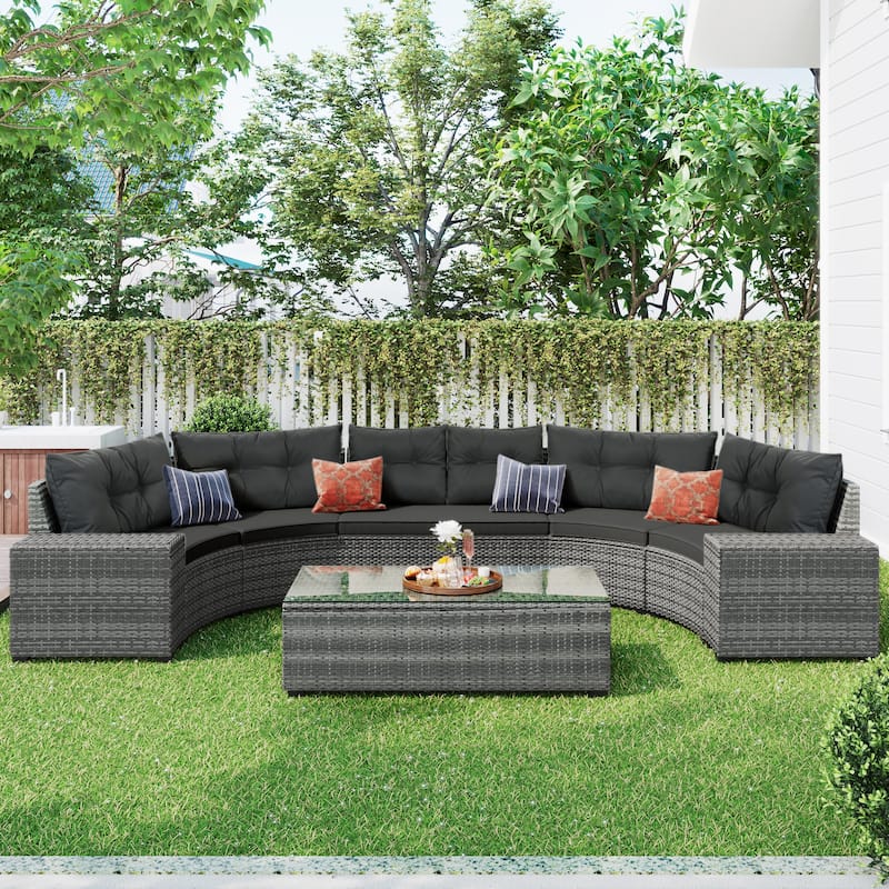 All Weather 8 Pieces Outdoor Patio Furniture Set Half Moon PE Rattan Sectional Sets with Coffee Table and Removable Cushion