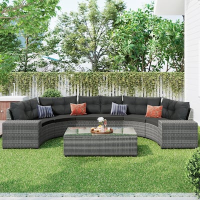 Rattan Modular Sofa Set Semicircular Sectional Sofa Set with Tempered Glass Coffee Tables 8-piece Outdoor Conversation Sets